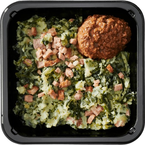 Foto van DekaMarkt Stamppot andijvie met gehaktbal op witte achtergrond