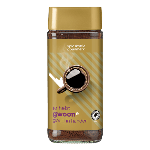 Foto van G'woon Oploskoffie goud op witte achtergrond