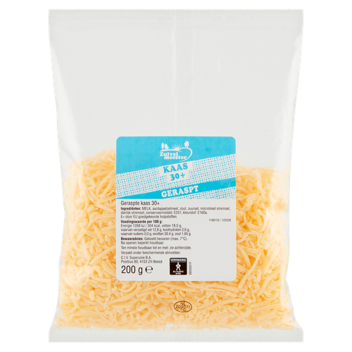 Foto van Zuivelmeester Kaas 30+ geraspt op witte achtergrond