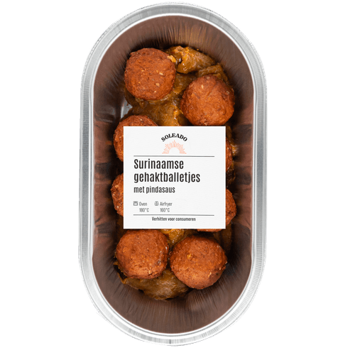 Foto van Soleado Gehaktballetjes met pindasaus op witte achtergrond