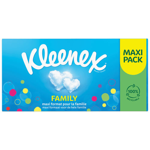 Foto van Kleenex Tissues family box op witte achtergrond