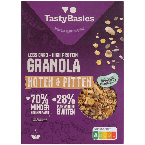 Foto van TastyBasics Granola noten en pitten op witte achtergrond