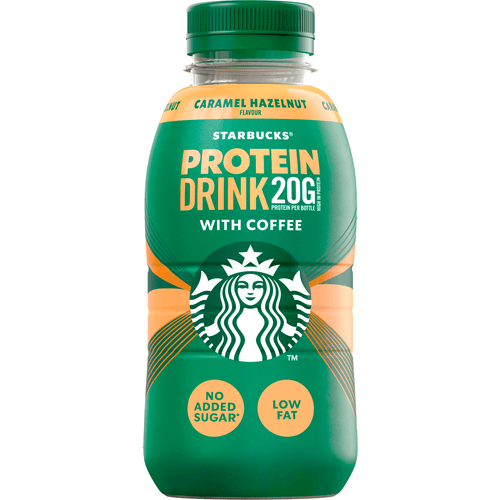 Foto van Starbucks Protein drink caramel hazelnut op witte achtergrond