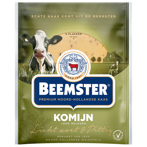 Foto van Beemster Komijn kaas 48+ plakken op witte achtergrond