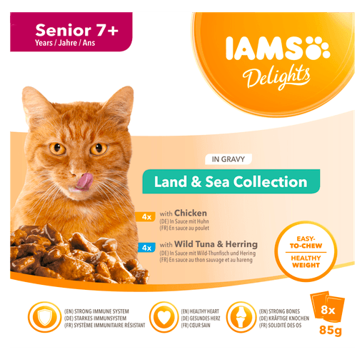 Foto van Iams Kattenvoer senior land & sea gravy 8 st. op witte achtergrond