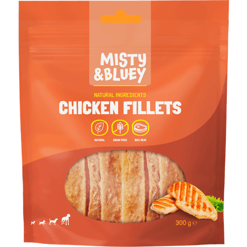 Foto van Misty & Bluey Hondensnacks chicken filets op witte achtergrond