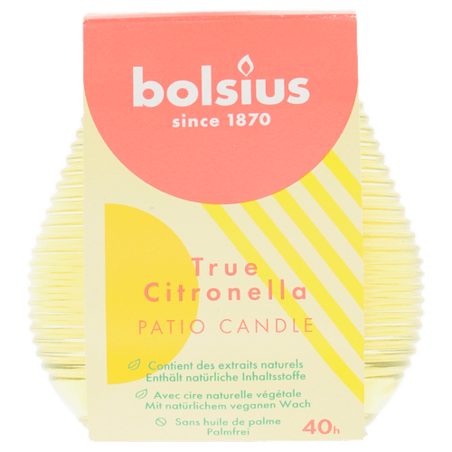 Foto van Bolsius Patio candle true citronella geel 40 uur op witte achtergrond