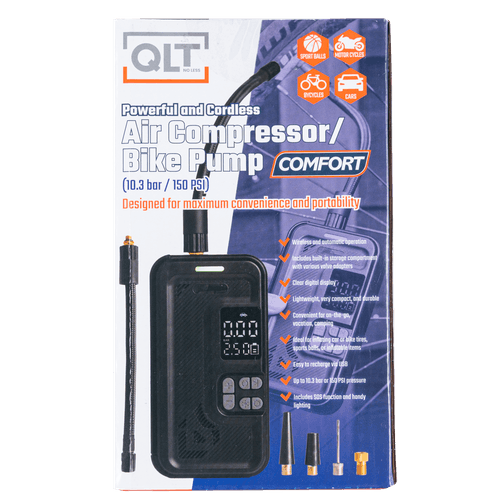 Foto van QLT draadloze luchtcompressor op witte achtergrond