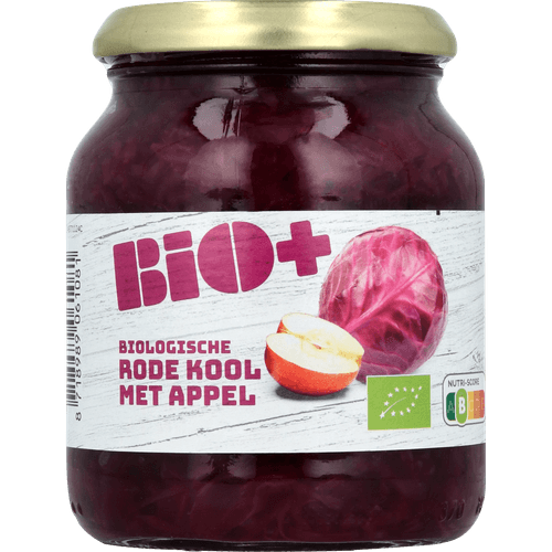 Foto van Bio+ Rode kool met appel op witte achtergrond