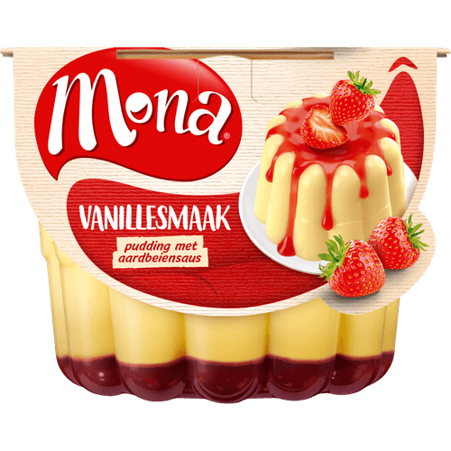 Foto van Mona Pudding vanille aardbeiensaus op witte achtergrond