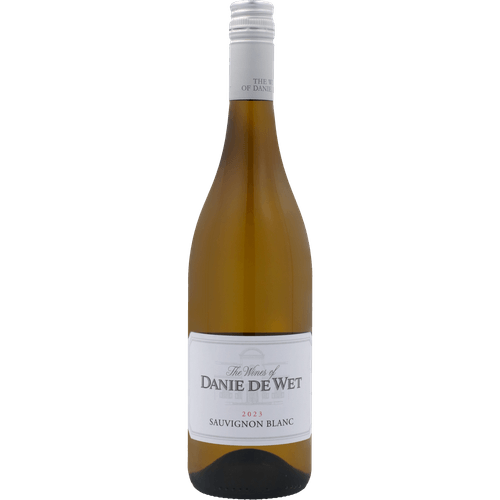 Foto van Danie de Wet White label sauvignon blanc op witte achtergrond