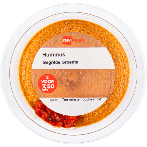 Foto van DekaMarkt Hummus gegrilde groenten op witte achtergrond