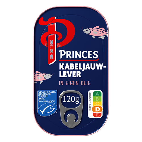 Foto van Princes Kabeljauwlever in eigen olie op witte achtergrond