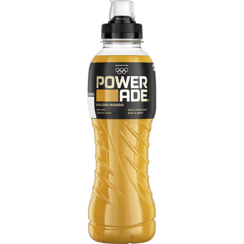 Foto van Powerade Golden mango op witte achtergrond