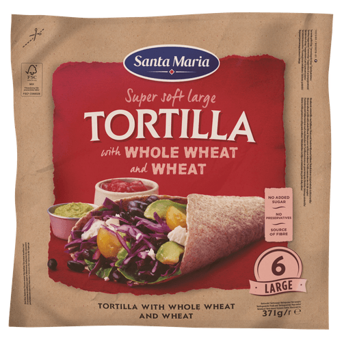 Foto van Santa Maria Tortilla whole wheat large 6 stuks op witte achtergrond