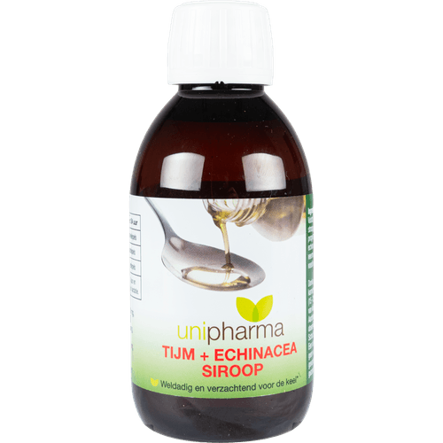 Foto van Unipharma Hoestdrank thijm & echinacea op witte achtergrond