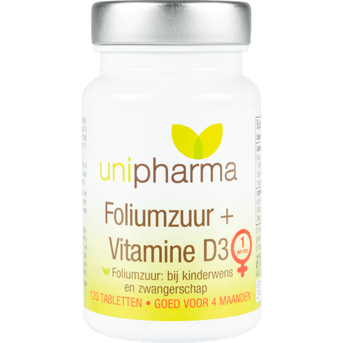 Foto van Unipharma Foliumzuur 400mcg op witte achtergrond