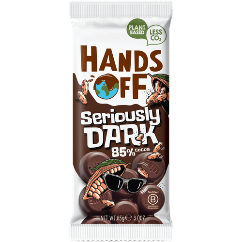 Foto van Hands Off My Chocolate Seriously dark 85% cocoa op witte achtergrond