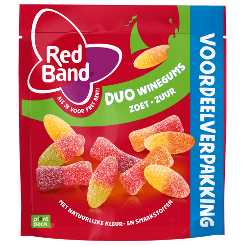 Foto van Red Band Winegums zoet zuur xl op witte achtergrond