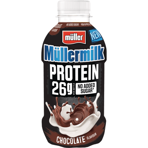 Foto van Müllermilk protein chocolade op witte achtergrond