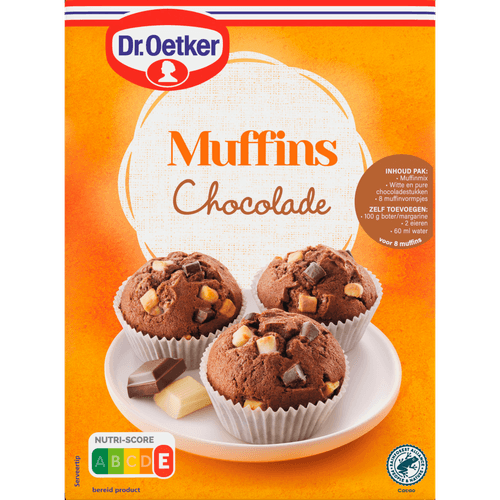 Foto van Dr. Oetker Mix voor muffins chocolade op witte achtergrond