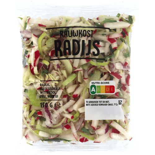 Foto van Rauwkost radijs verpakt op witte achtergrond