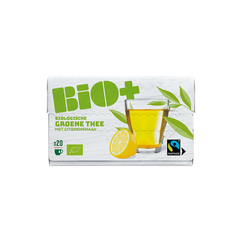 Foto van Bio+ Groene thee citroen kop op witte achtergrond