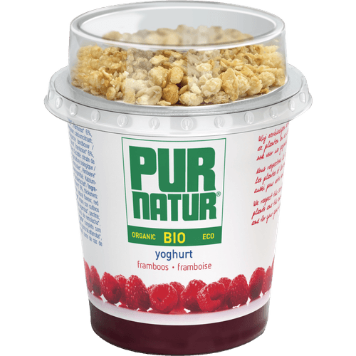 Foto van Pur Natur Biologische volle roeryoghurt muesli framboos op witte achtergrond
