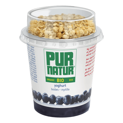 Foto van Pur Natur Biologische volle roeryoghurt muesli bosbes op witte achtergrond