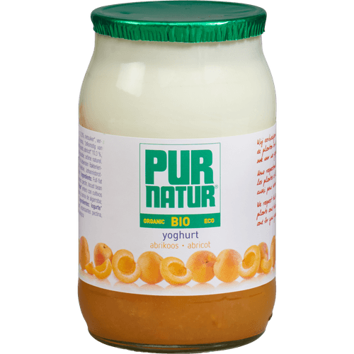 Foto van Pur Natur Biologische volle roeryoghurt abrikoos op witte achtergrond