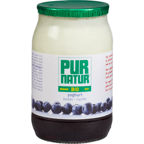 Foto van Pur Natur Biologische volle roeryoghurt bosbes op witte achtergrond