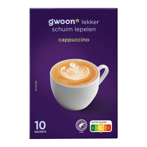 Foto van G'woon Oploskoffie cappuccino op witte achtergrond