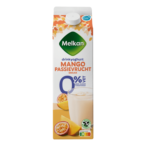 Foto van Melkan Zuiveldrink mango-passievrucht 0% vet op witte achtergrond