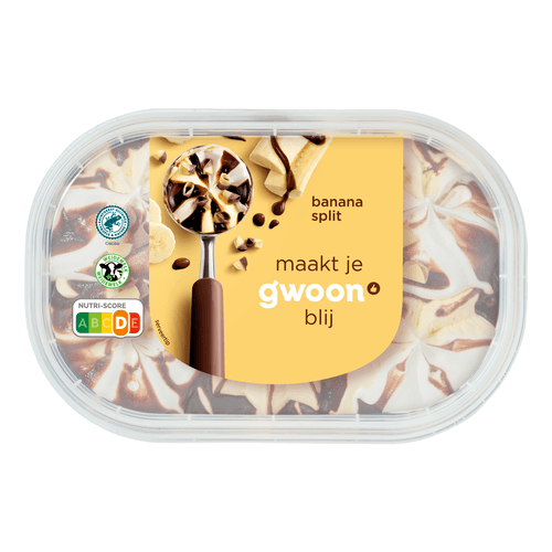 Foto van G'woon Roomijs banana split op witte achtergrond