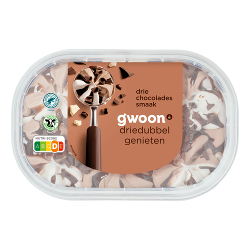 Foto van G'woon Roomijs 3 chocolades op witte achtergrond