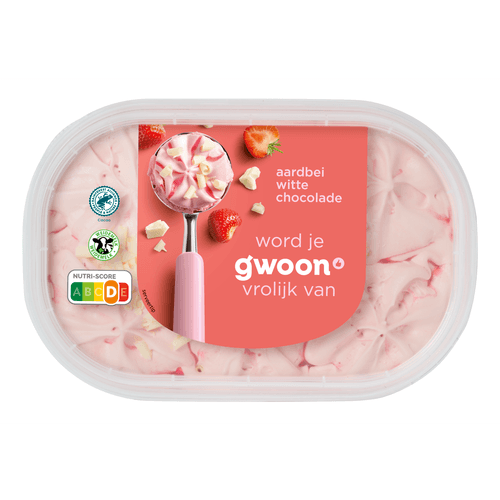 Foto van G'woon Roomijs aardbei witte chocolade op witte achtergrond