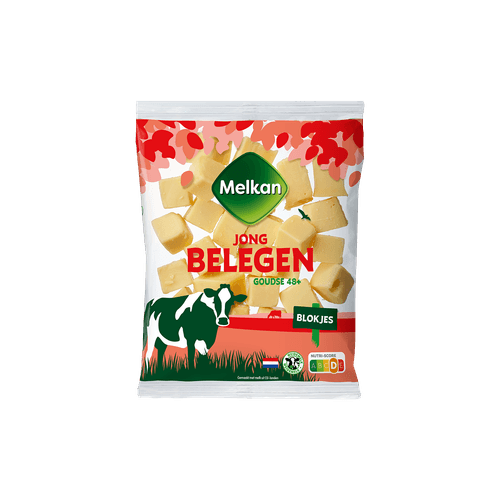 Foto van Melkan Goudse kaasblokjes jong belegen 48+ op witte achtergrond