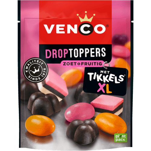 Foto van Venco Droptoppers zoet-fruitig op witte achtergrond