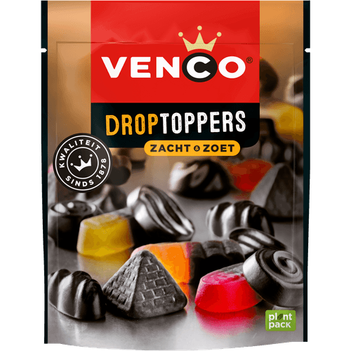 Foto van Venco Droptoppers zacht-zoet op witte achtergrond