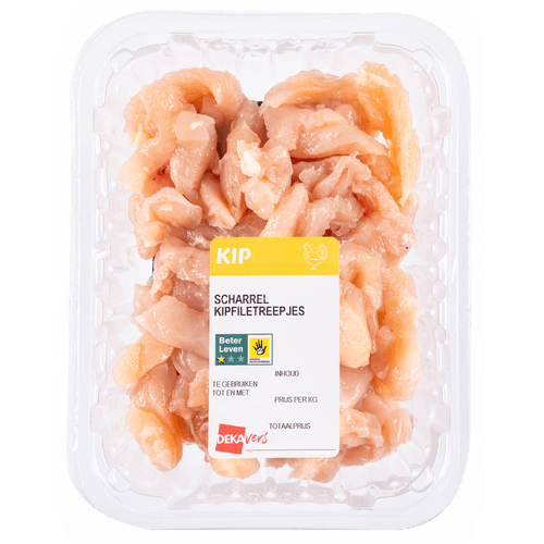 Foto van DekaVers Scharrel kipfiletreepjes op witte achtergrond