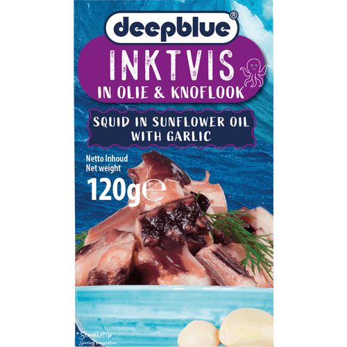 Foto van Deepblue Inktvis stukken in olie met knoflook op witte achtergrond