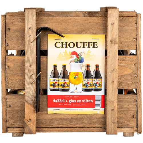 Foto van La Chouffe Geschenkverpakking 4 x33cl met glas op witte achtergrond