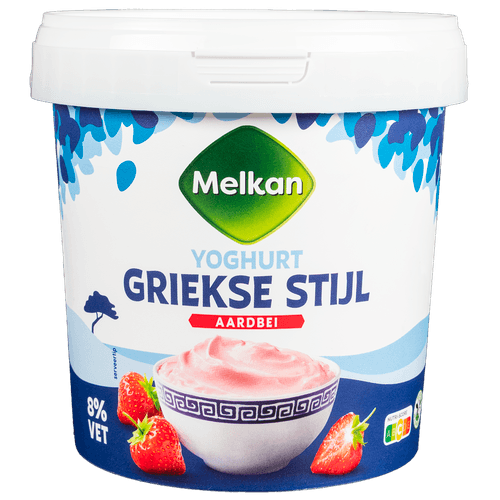 Foto van Melkan Yoghurt griekse stijl aardbei op witte achtergrond