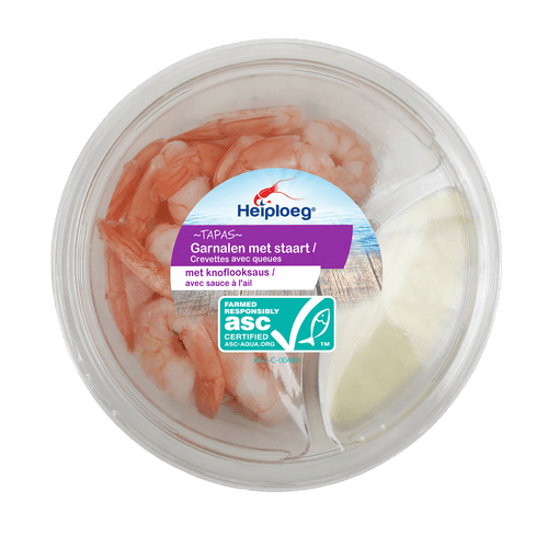 Foto van Heiploeg Garnalen met aioli dip op witte achtergrond