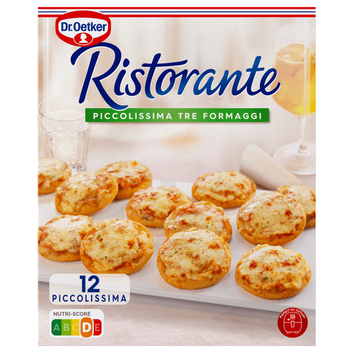 Foto van Dr. Oetker Pizza piccolissima tre fromaggi 12 stuks op witte achtergrond