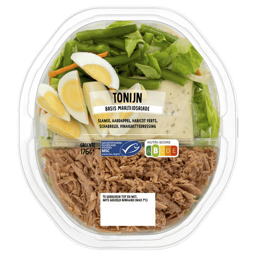 Foto van Maaltijdsalade tonijn op witte achtergrond