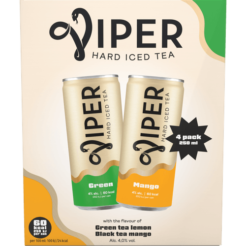 Foto van Viper Hard ice tea lemon & mango 4-pack op witte achtergrond