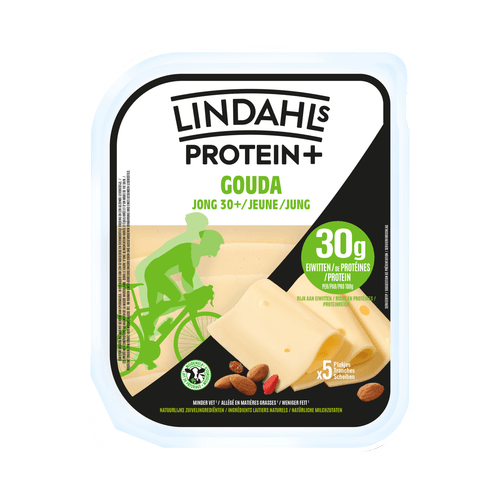 Foto van Lindahls Protein+ gouda jong 30+ plakken op witte achtergrond
