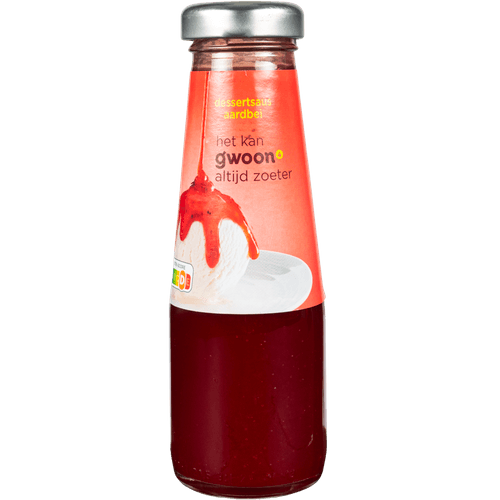 Foto van G'woon Dessertsaus aardbei op witte achtergrond
