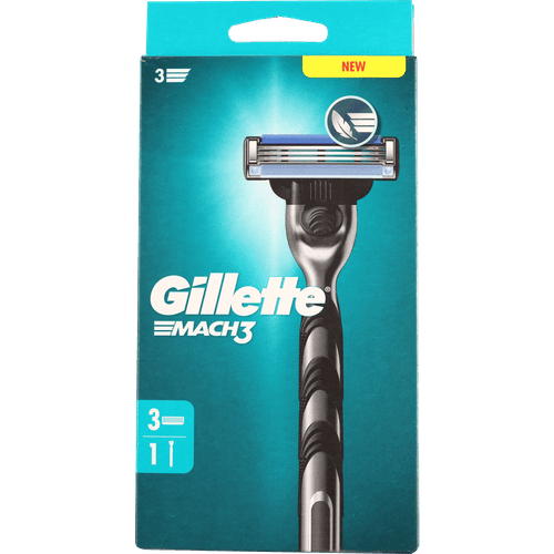 Foto van Gillette Scheerapparaat mach3 met 3 navulmesjes op witte achtergrond
